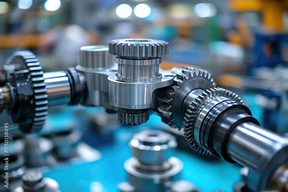 Fototapeta premium View of a mechanical elbow joint with gears and pistons in a factory during assembly