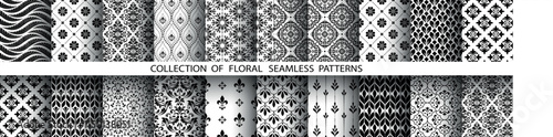 Geometric floral set of seamless patterns. White and black vector backgrounds. Damask graphic ornaments.