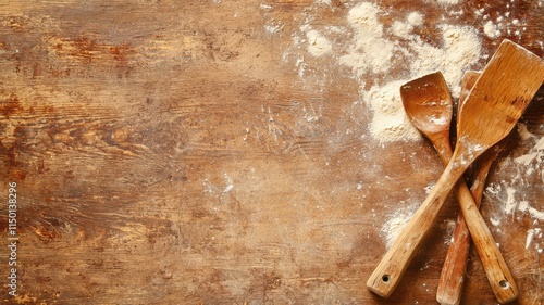 Wooden spatulas on a flour-dusted table. photo