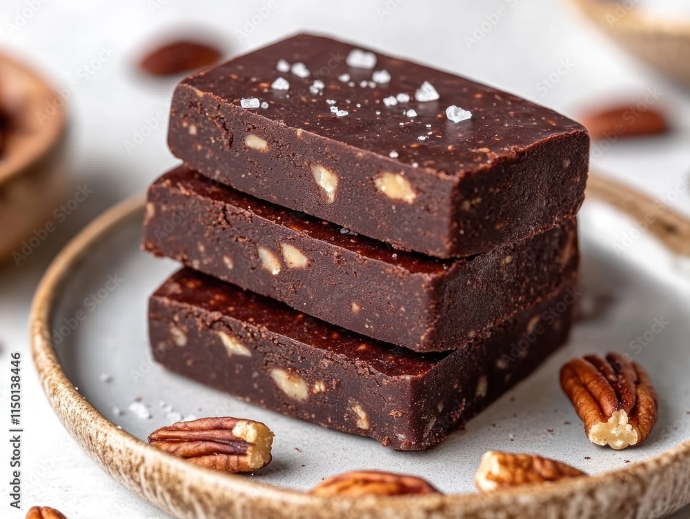 Three stacked chocolate bars with nuts, sprinkled with sea salt on a plate. Three stacked chocolate bars with nuts, sprinkled with sea salt on a plate.