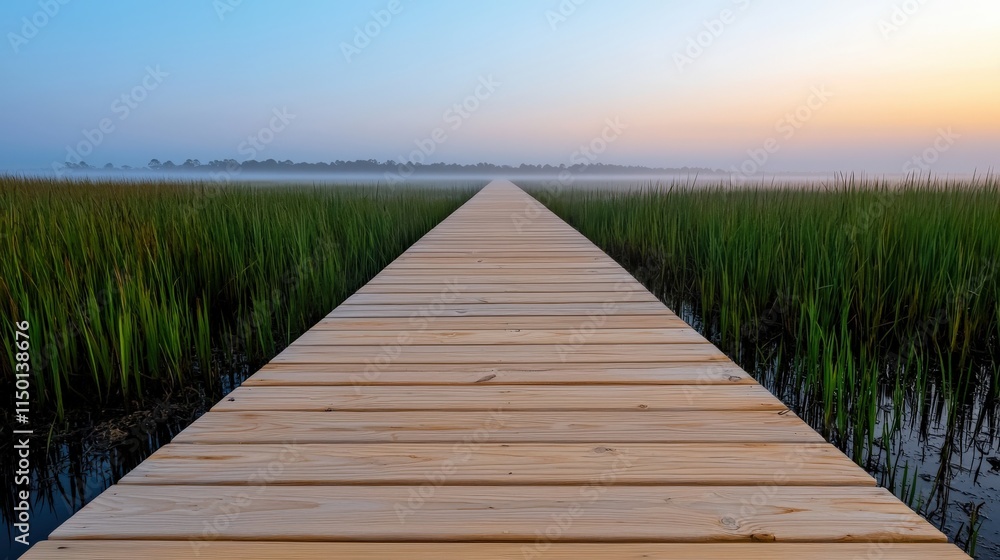 Obraz premium A tranquil wooden boardwalk stretches into a misty landscape, flanked by lush greenery, under a soft pastel sky at dawn.