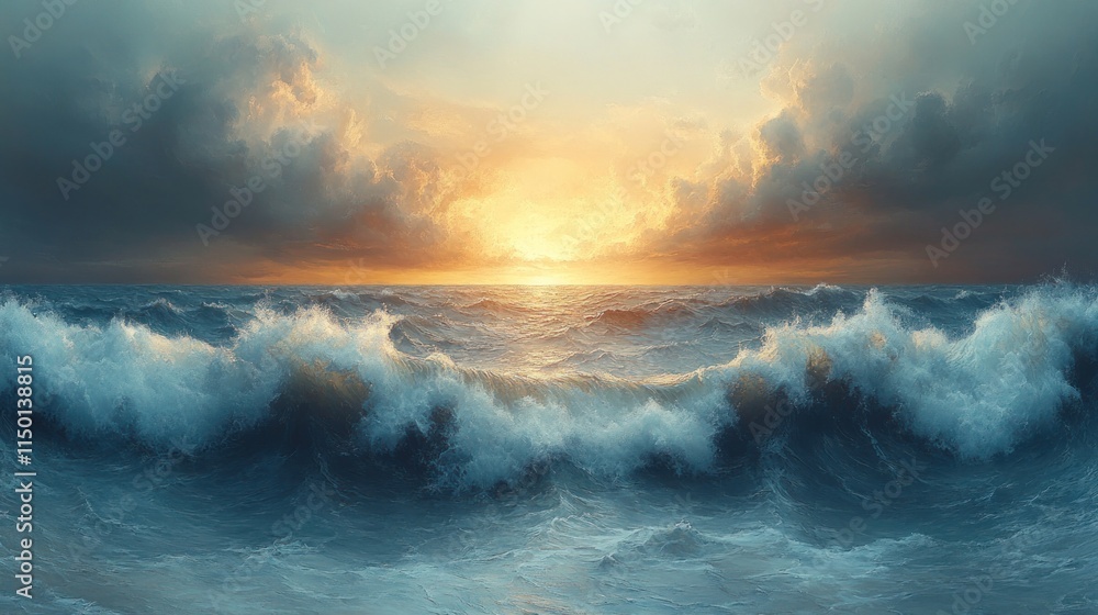 Obraz premium Ocean waves crashing, sunset sky, dramatic.