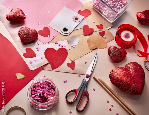 Generated image A creative DIY Valentine’s crafting station with scissors, glitter, heart stickers, and hand