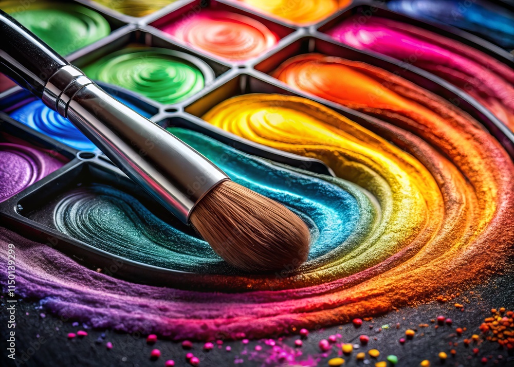 Fototapeta premium Vibrant Eyeshadow Palette: Colorful Makeup Swatches on Glossy Surface - Action Shot