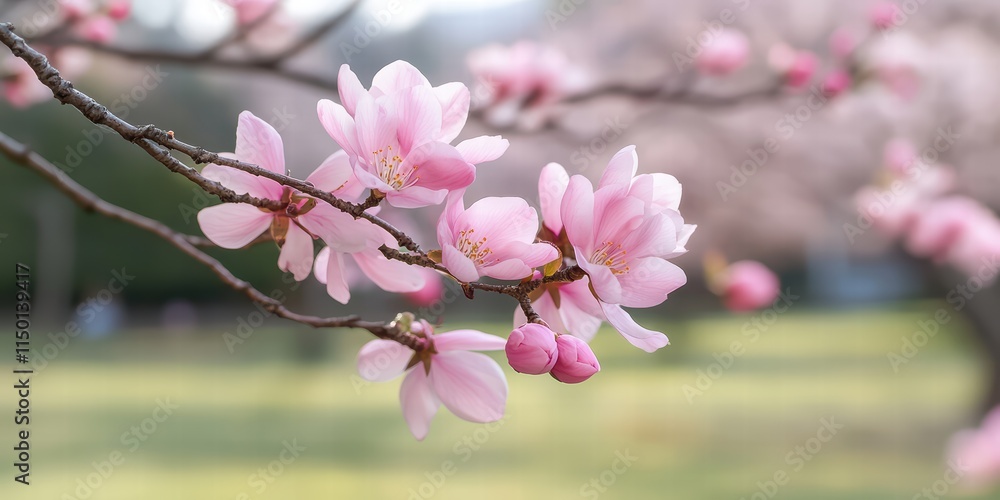 Delicate Pink Blossoms on Tree Branch in Vibrant Spring Park Scene Delicate Pink Blossoms on Tree Branch in Vibrant Spring Park Scene