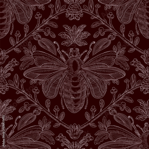 Bee and Floral Seamless Pattern: Elegant Vector Illustration for Fabrics, Wallpapers, and Packaging Design
