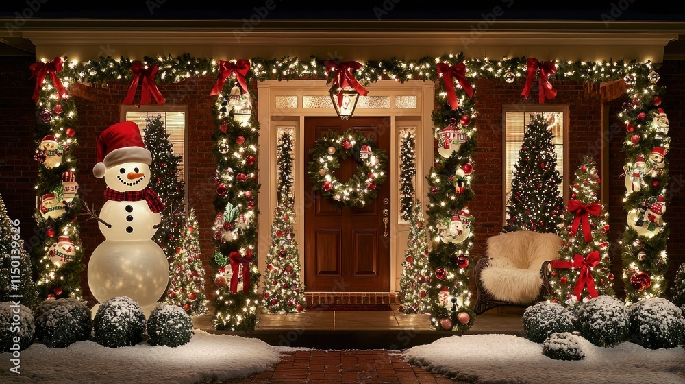 Obraz premium Festive Christmas Home Exterior Decor with Inflatable Snowman and Garland Lights
