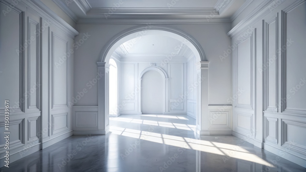 Wide-Angle Empty White Room Mockup: Archway, Light & Shadow, Furniture Presentation Wide-Angle Empty White Room Mockup: Archway, Light & Shadow, Furniture Presentation