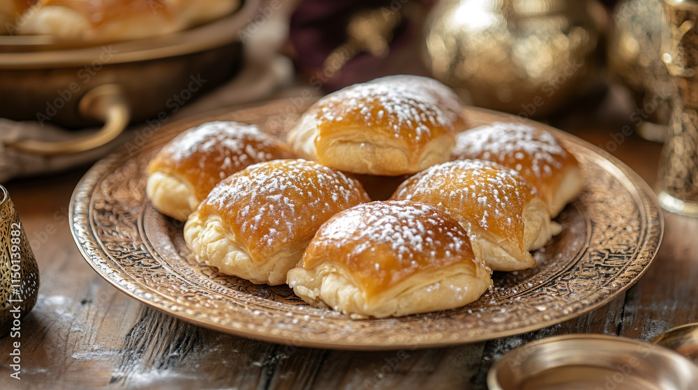 Golden brown, sugar-dusted pastries arranged on an ornate golden plate, evoke the warmth and sweetness of ramadan traditions Golden brown, sugar-dusted pastries arranged on an ornate golden plate, evoke the warmth and sweetness of ramadan traditions