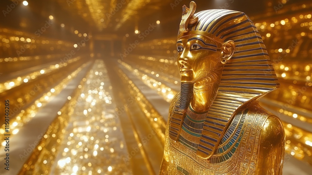 Obraz premium Golden Egyptian pharaoh statue in a museum, illuminated by spotlights, showcasing ancient Egyptian artifacts.