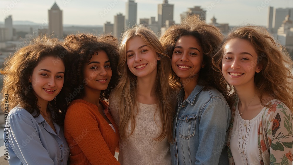 Fototapeta premium Diverse group of women smiling on city rooftop.