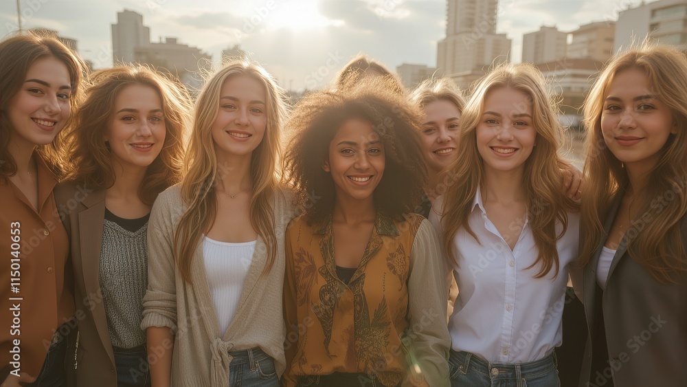 Diverse group of women smiling on city rooftop. Diverse group of women smiling on city rooftop.