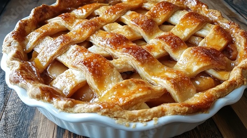 A homemade apple pie with a sugared lattice crust is served in a white dish, showcasing traditional baking style, set on a vintage wooden table. photo