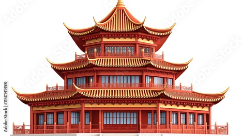 A festive pagoda clipart, Chinese architecture element, vectorstyle illustration, detailed red and gold design, isolated on white background
