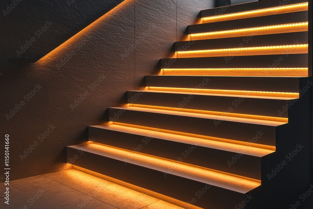 A minimalist home staircase illuminated by amber LED strips along the steps