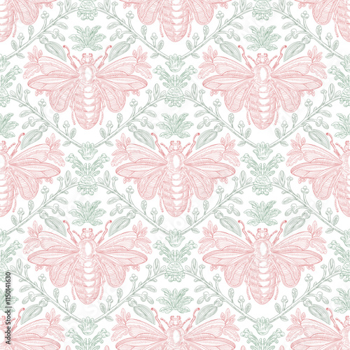 Bee and Floral Seamless Pattern: Elegant Vector Illustration for Fabrics, Wallpapers, and Packaging Design