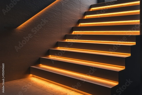 Obraz na płótnie A minimalist home staircase illuminated by amber LED strips along the steps w salonie