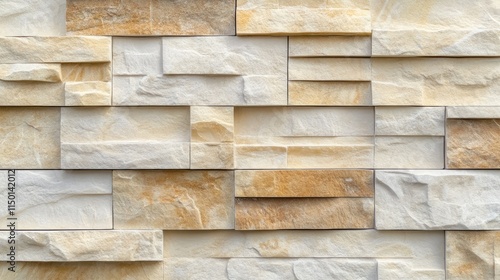 Rock stone brick tile wall aged texture detailed pattern background in yellow cream beige color