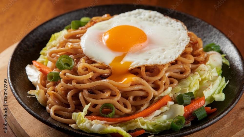 Delicious yakisoba noodles with sunny side up egg and vegetables, Japanese cuisine Delicious yakisoba noodles with sunny side up egg and vegetables, Japanese cuisine
