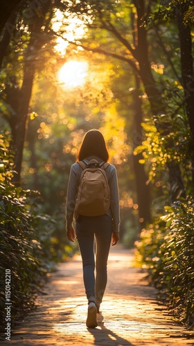 Woman Walking Through Forest Path at Sunset Light photo