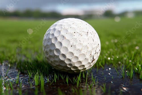 An ultra-detailed close-up of a golf ball with the texture of its dimples captured in high resolution, resting on perfectly manicured grass with morning dew glistening photo