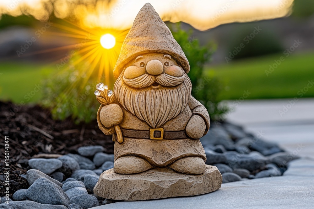 Obraz premium An ultra-detailed gnome garden at sunrise, with lifelike textures on the gnome statues and intricate details on dewdrops sparkling on flowers