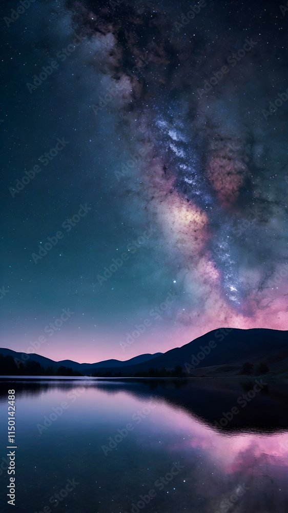 The serene and beautiful night view features a calm lake that reflects the bright colors of the Milky Way galaxy above. The serene and beautiful night view features a calm lake that reflects the bright colors of the Milky Way galaxy above.