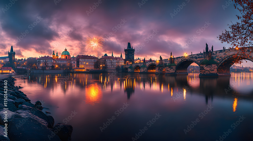 Obraz premium A vivid fireworks display above Pragues Charles Bridge casting colorful reflections on the Vltava River.