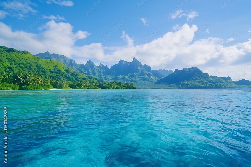 Serene Tropical Island Landscape with Turquoise Ocean and Lush Mountains Serene Tropical Island Landscape with Turquoise Ocean and Lush Mountains