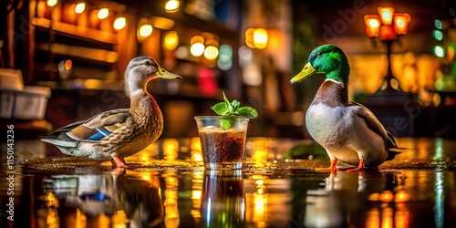 Night in Havana: Two Ducks Arguing by the Water, Mojito Cocktail Copy Space photo