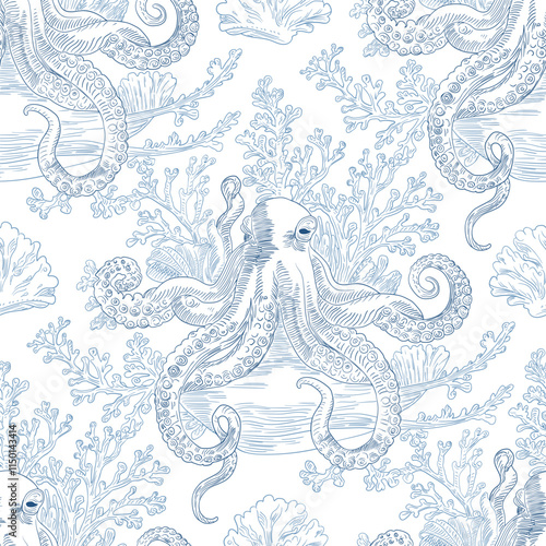 Marine Vector Seamless Pattern Background with Octopuses and Corals, Toile de jouy Vintage Classic Style