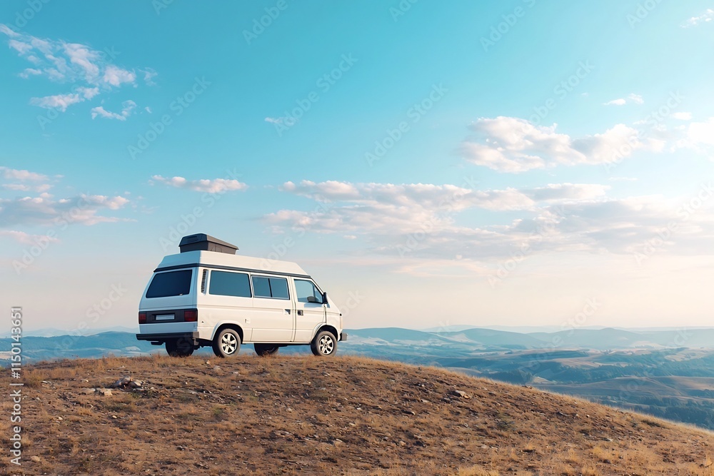 Campervan on Scenic Hilltop Adventure with Vast Mountain Landscape Campervan on Scenic Hilltop Adventure with Vast Mountain Landscape