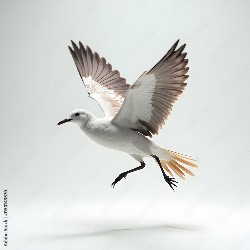 Obraz premium Realistic seagull in flight with spread wings on white background