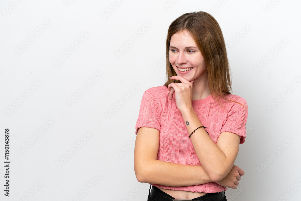 Young English woman isolated on white background looking to the side and smiling