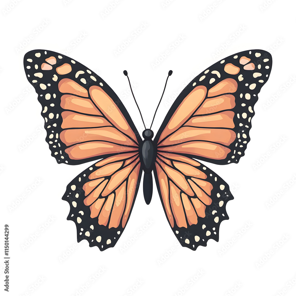 Fototapeta premium Colorful butterfly illustration with orange and black wings on white background