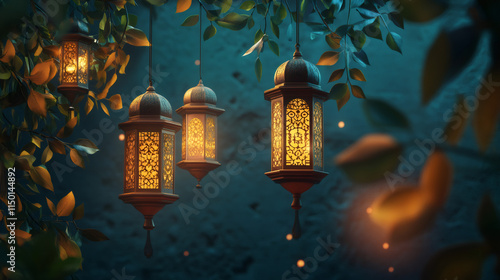 Elegant lanterns suspended from a tree in the evening, setting a cozy, welcoming vibe ideal for ramadan or eid festivities photo