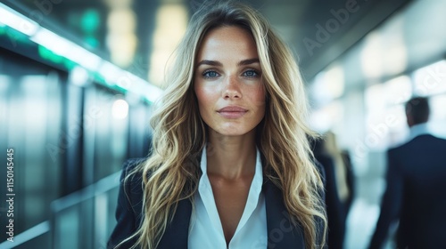 A confident woman with long blonde hair stands in an urban setting, presenting a poised and determined demeanor amid fast-paced city life, symbolizing ambition. photo