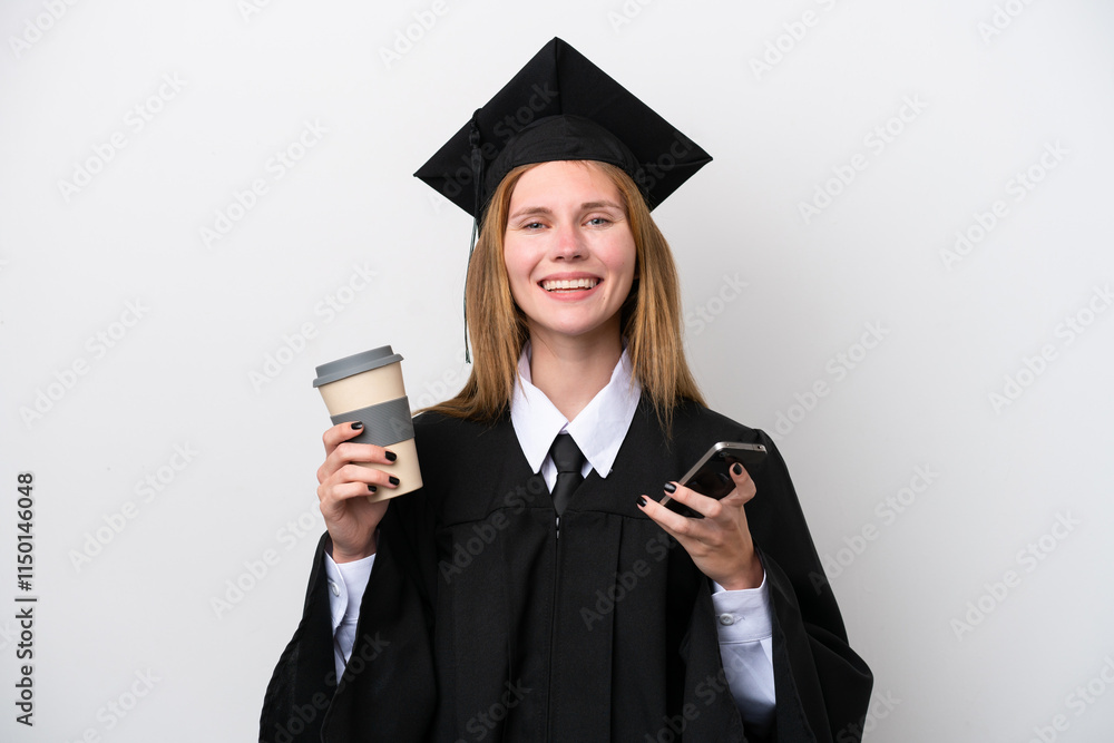 Young university graduate English woman isolated on white background holding coffee to take away and a mobile Young university graduate English woman isolated on white background holding coffee to take away and a mobile