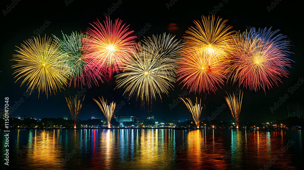 Fototapeta premium Fireworks lighting up Bangkoks Chao Phraya River with bursts of vibrant colors reflecting on the water.