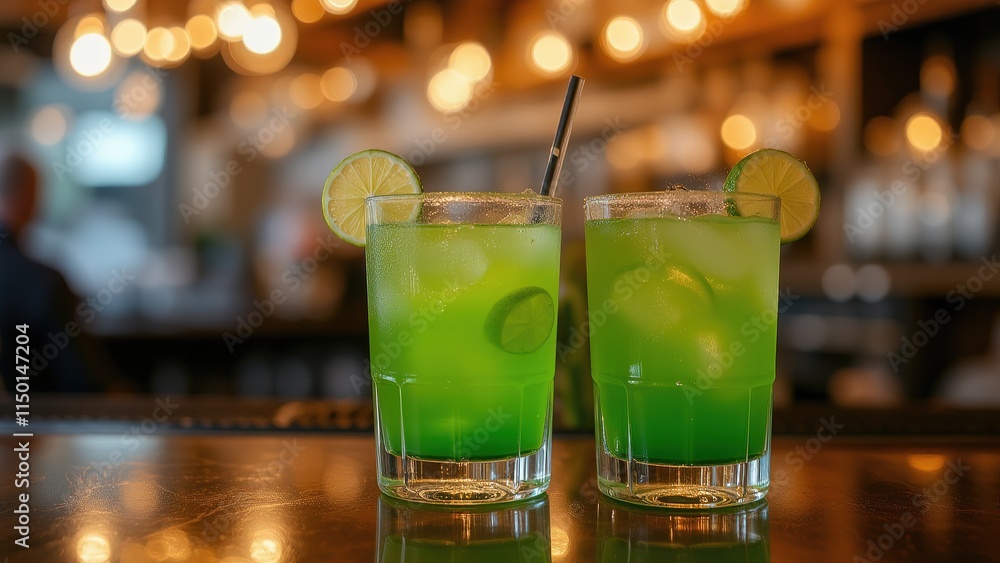 Green cocktails with lime slices on a festive bar counter. Green cocktails with lime slices on a festive bar counter.