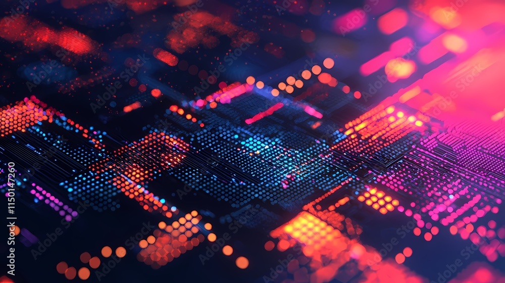 Obraz premium A vibrant, abstract digital landscape featuring glowing patterns and colors, representing technology and data visualization.