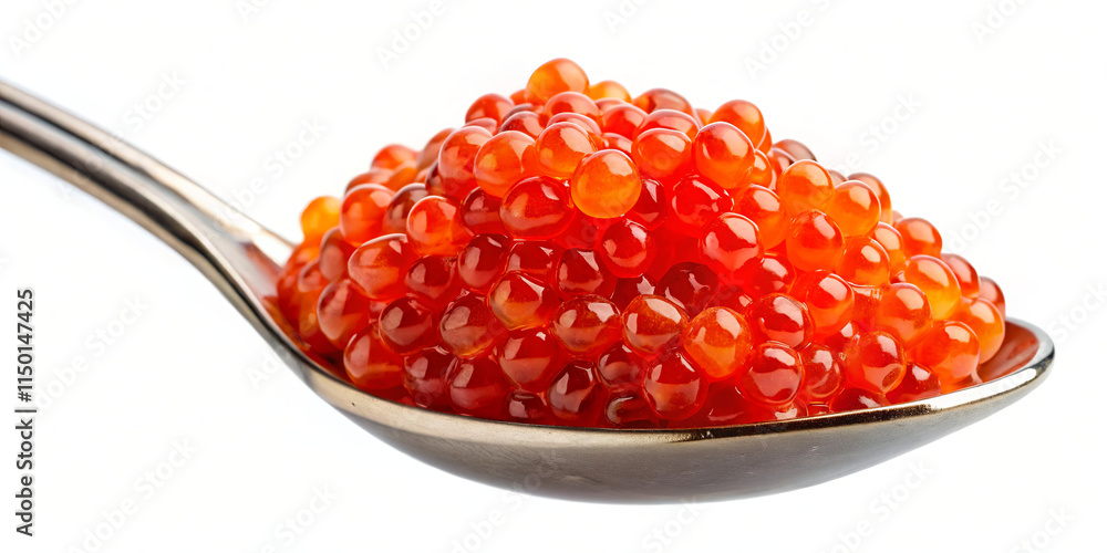 A close-up view of fresh fish roe sitting atop a silver spoon, showcasing the bright orange hue and glossy, spherical shape of the delicate eggs, perfect for gourmet dishes A close-up view of fresh fish roe sitting atop a silver spoon, showcasing the bright orange hue and glossy, spherical shape of the delicate eggs, perfect for gourmet dishes