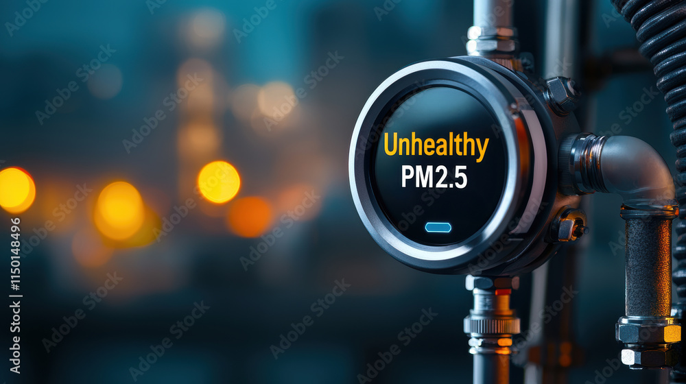 PM2.5 environment risk concept. A digital air quality monitor displays PM2.5 environment risk concept. A digital air quality monitor displays