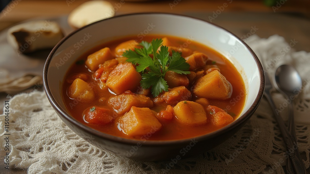 Hearty vegetable stew in a rustic ceramic bowl. Hearty vegetable stew in a rustic ceramic bowl.