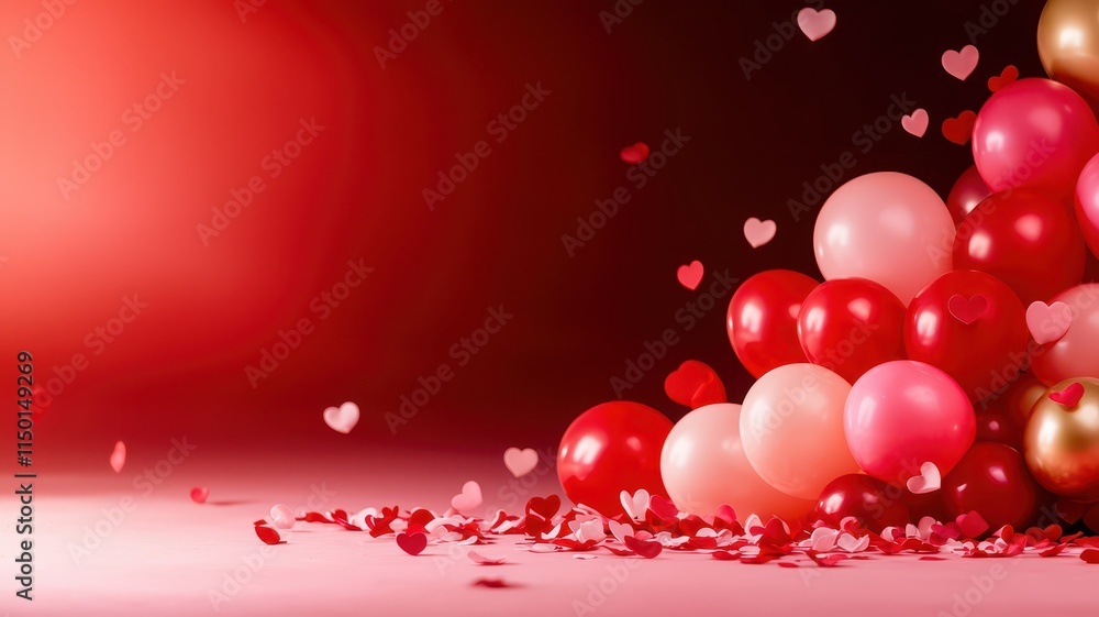 Obraz premium Valentine's Day pink and red balloon arrangement concept. Colorful balloons in shades of red and pink with heart-shaped confetti, creating a festive atmosphere for celebrations.