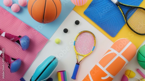 Fototapeta Naklejka Na Ścianę i Meble -  A vibrant setup of sports equipment on white, featuring a basketball, tennis racket, and yoga mat,