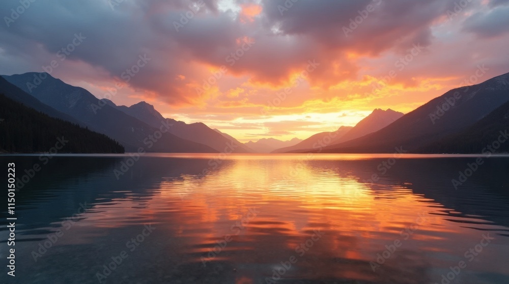 Serene Sunrise Over Calm Lake and Distant Mountains Serene Sunrise Over Calm Lake and Distant Mountains