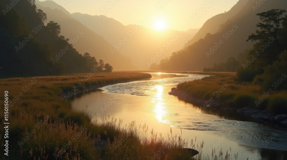Fototapeta premium Golden Light on a Winding River Valley