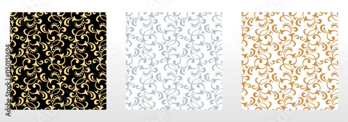 Modern wallpapers Seamless vector backgrounds. Set of colored floral ornaments. Graphic patterns for fabric, wallpaper, packaging. Ornate Damask flower ornaments