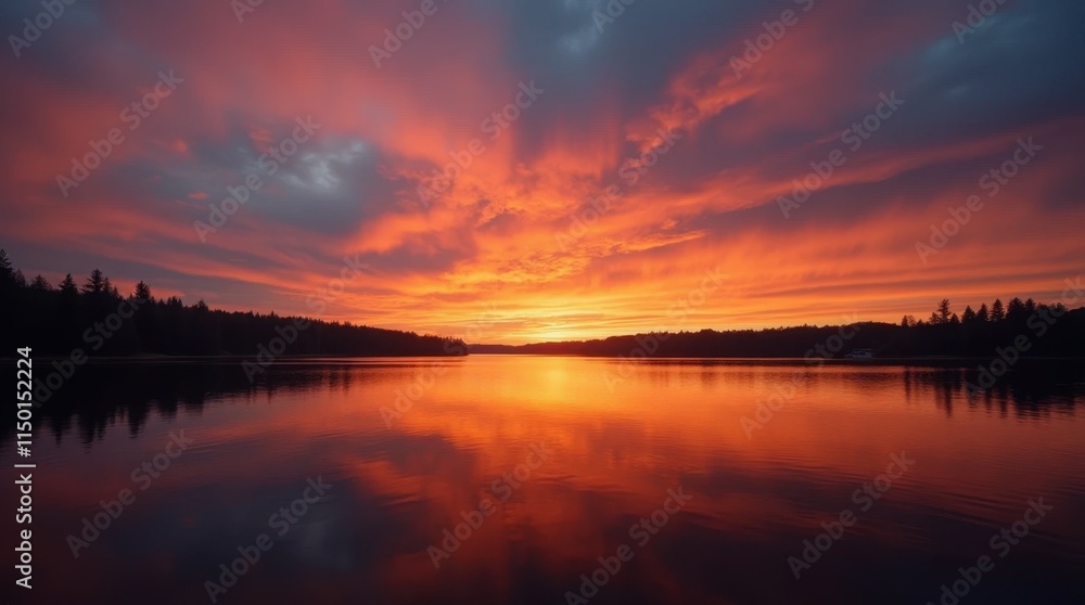Dramatic Sunset over Calm Lake Dramatic Sunset over Calm Lake